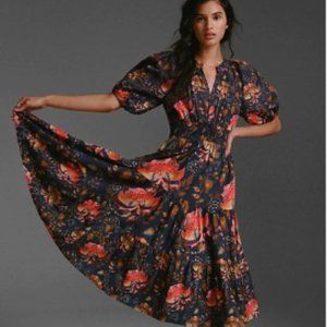 NEW! Anthropologie Floral Puff Sleeve Midi Dress- Size 0
